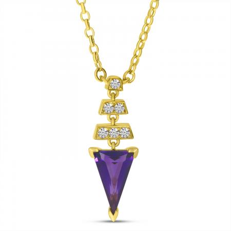 14K Yellow Gold Trillion Amethyst and Diamond Drop Necklace