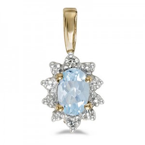 10k Yellow Gold Oval Aquamarine And Diamond Pendant