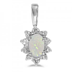 10k White Gold Oval Opal And Diamond Pendant