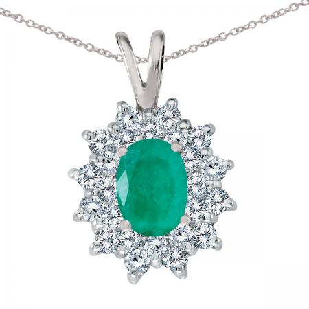 14K White Gold Oval Emerald and Diamond Pendant