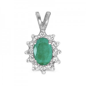 10k White Gold Oval Emerald And Diamond Pendant