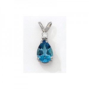 14K White Gold Pear Blue Topaz and Diamond Pendant