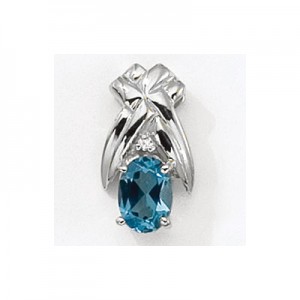 14K White Gold Oval Blue Topaz and Diamond Pendant