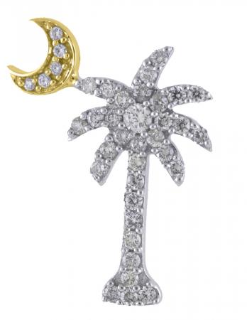 14K White Gold .53 ct Diamond Palm Tree with Yellow Gold Crescent Moon Pendant