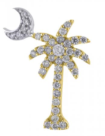 14K Yellow Gold .53 ct Diamond Palm Tree with White Gold Crescent Moon Pendant