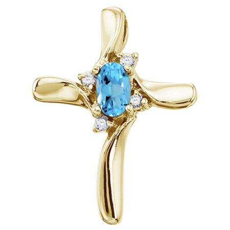 14K Yellow Gold Oval Blue Topaz and Diamond Cross Pendant