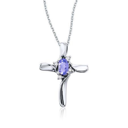 14K White Gold Oval Tanzanite and Diamond Cross Birthstone Pendant