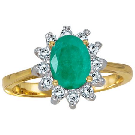 14K Yellow Gold 8x6 Oval Emerald and Diamond Ring