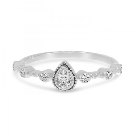 14K White Gold Pear Diamond Millgrain Ring