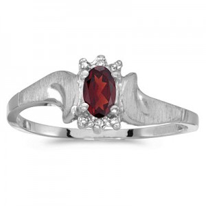 14k White Gold Oval Garnet And Diamond Satin Finish Ring