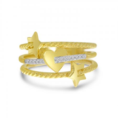 14K Yellow Gold Heart and Star Diamond Diamond Triple Band Fashion Ring