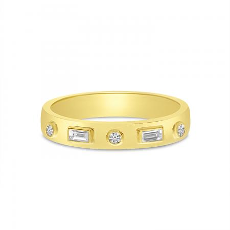 14K Yellow Gold Round and Baguette Diamond Band