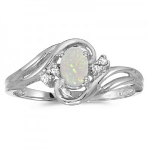 10k White Gold Oval Opal And Diamond Ring