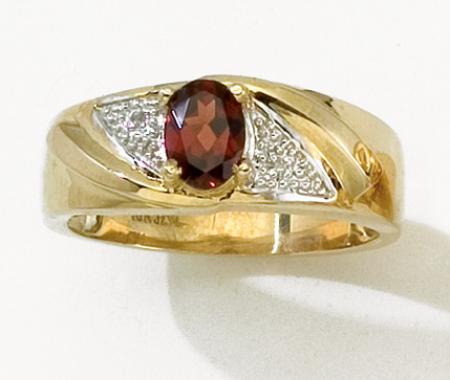 14k Yellow Gold Oval Garnet And Diamond Gents Ring