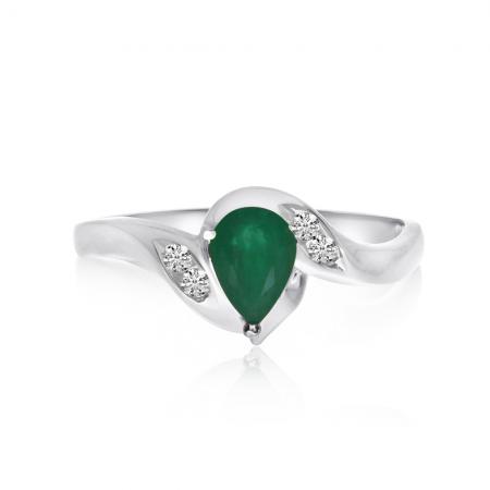 14K White Gold Pear Emerald and Diamond Ring