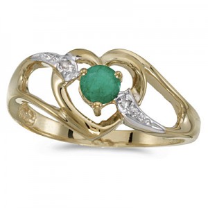 14k Yellow Gold Round Emerald And Diamond Heart Ring