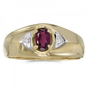 14k Yellow Gold Oval Rhodolite Garnet And Diamond Gents Ring