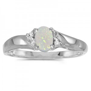 14k White Gold Oval Opal And Diamond Ring