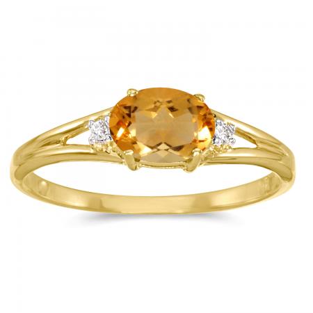 14K Yellow Gold Oval Citrine and Diamond Side Set Birthstone Ring