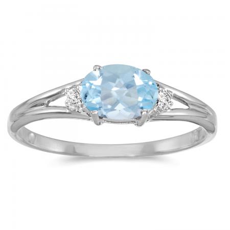 14K White Gold Oval Aquamarine and Diamond Side Set Birthstone Ring