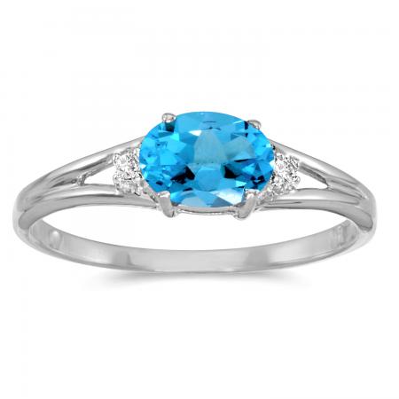 14K White Gold Oval Blue Topaz and Diamond Side Set Birthstone Ring