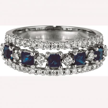 14k White Gold Princess Sapphire and Diamond Band