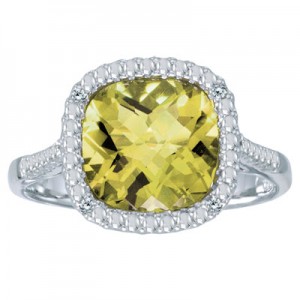 14K White Gold 7 mm Cushion Lemon Quartz and Diamond Ring