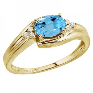 14K Yellow Gold Blue Topaz and Diamond Side Set Ring