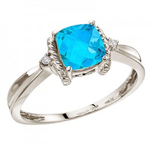 14K White Gold Blue Topaz and Diamond Ring