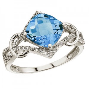 14K White Gold Blue Topaz and Diamond Cushion Ring