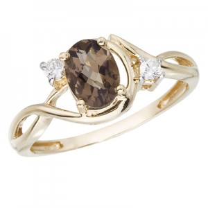 14K Yellow Gold 2 Ct Oval Smoky Topaz and Diamond Bypass Ring