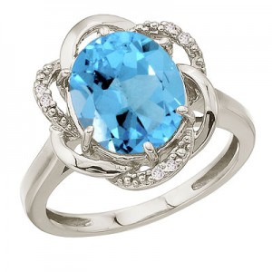 14K White Gold 11x9 Oval Blue Topaz and Diamond Swirl Ring