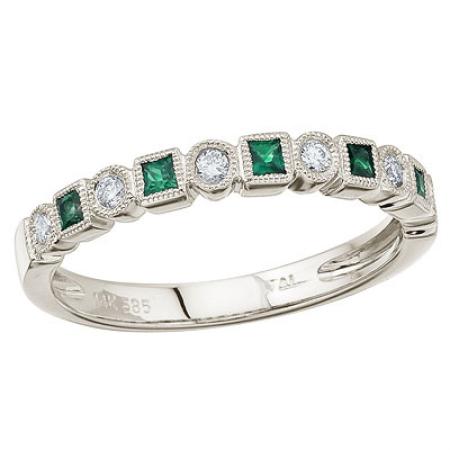 14K White Gold Princess Emerald and Diamond Stackable Ring