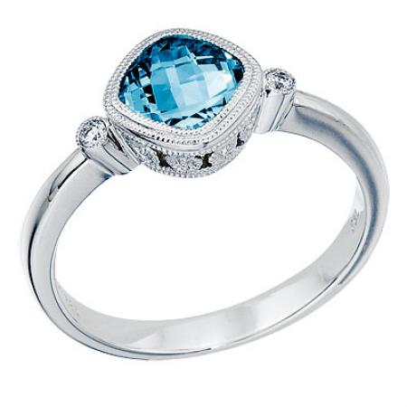 14K White Gold 6 mm Cushion Blue Topaz and Diamond Bezel Ring