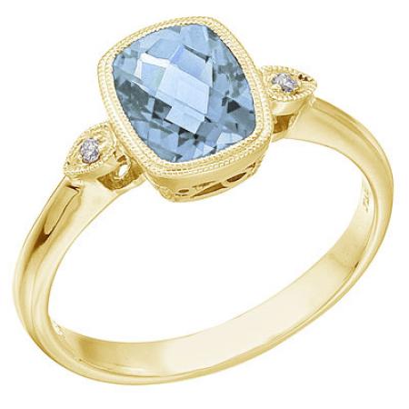 14K Yellow Gold Cushion Aquamarine and Diamond Millgrain Ring