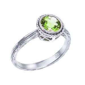 14K White Gold 7 mm Round Peridot Braided Semi Precious  Fashion Ring