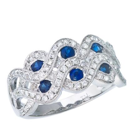 14k White Gold Two Row Sapphire and Diamond Ring