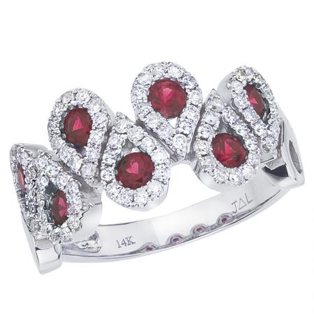 14K White Gold Precious Round Ruby and Diamond Teardrop Fashion Ring