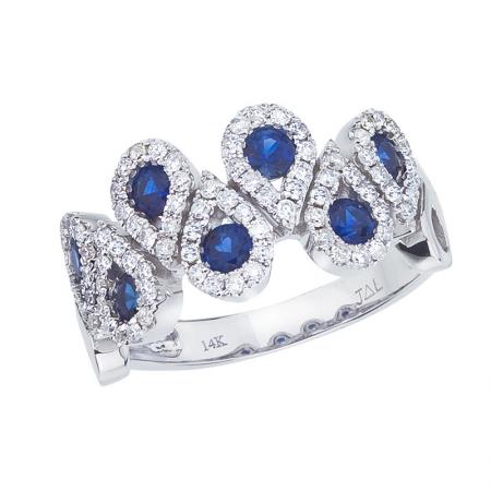 14K White Gold Precious Round Sapphire and Diamond Teardrop Fashion Ring