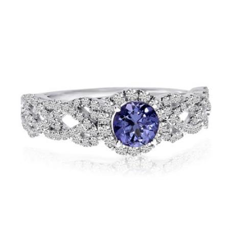 14K White Gold 5mm Round Tanzanite and Diamond Braided Fashion Ring