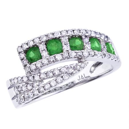 14K White Gold Princess Emerald and Diamond Precious Bypass Fashion Ring