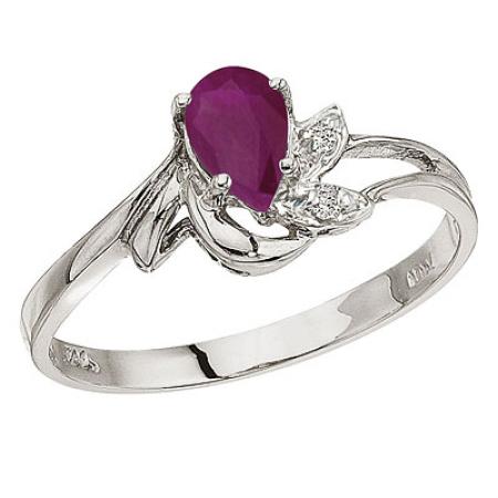 10K White Gold Pear Ruby and Diamond Leaf Birthstone Ring