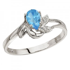 10K White Gold Pear Blue Topaz and Diamond Leaf Birthstone Ring