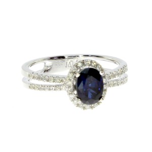 14K White Gold Precious 7x5 mm Oval Sapphire and Diamond Ring