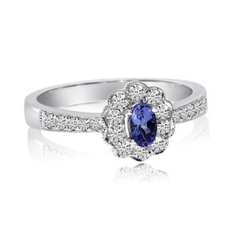 14K White Gold 5x3 Oval Tanzanite and Diamond Flower Fashion Ring