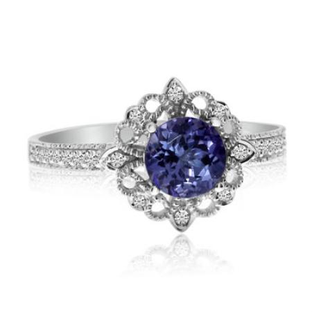 14K White Gold 6mm Round Tanzanite and Diamond Fashion Ring