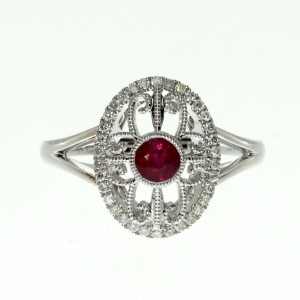 14K White Gold Ruby and Diamonds Oval Filigree Precious Ring