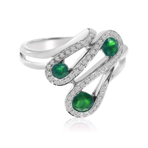 14K White Gold Round Emerald and Diamond Wave Precious Fashion Ring