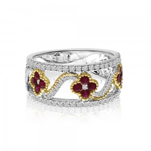 14K Two Tone Gold Ruby and Diamond Clover Fashion Ring