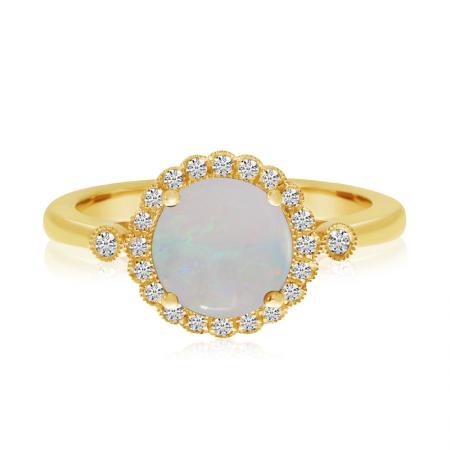 14K Yellow Gold Round Opal and Diamond Halo Ring